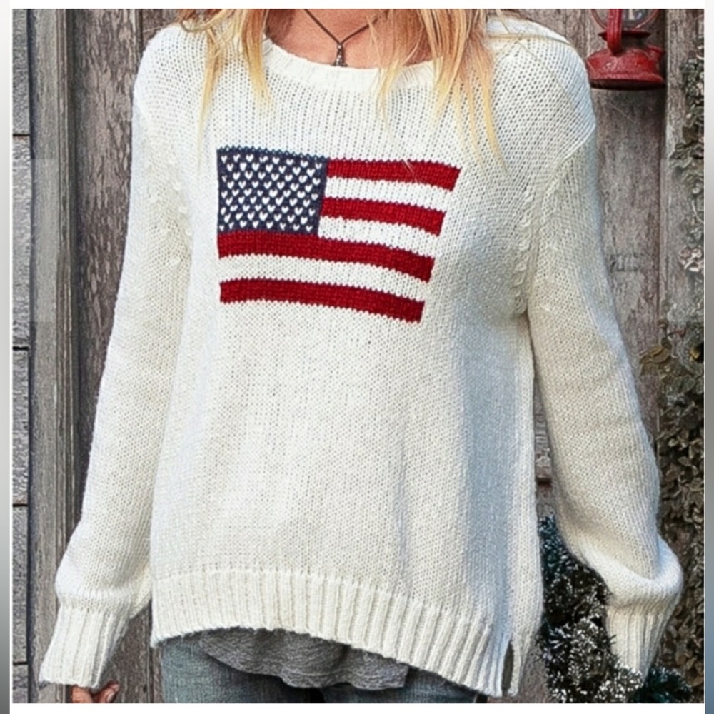 Wooden Ships White Sweater with American Flag Design